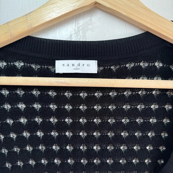 Sandro Viana Noir Lightweight Pointelle Button Up Scallop Edge Cardigan Sweater - Picture 5 of 12